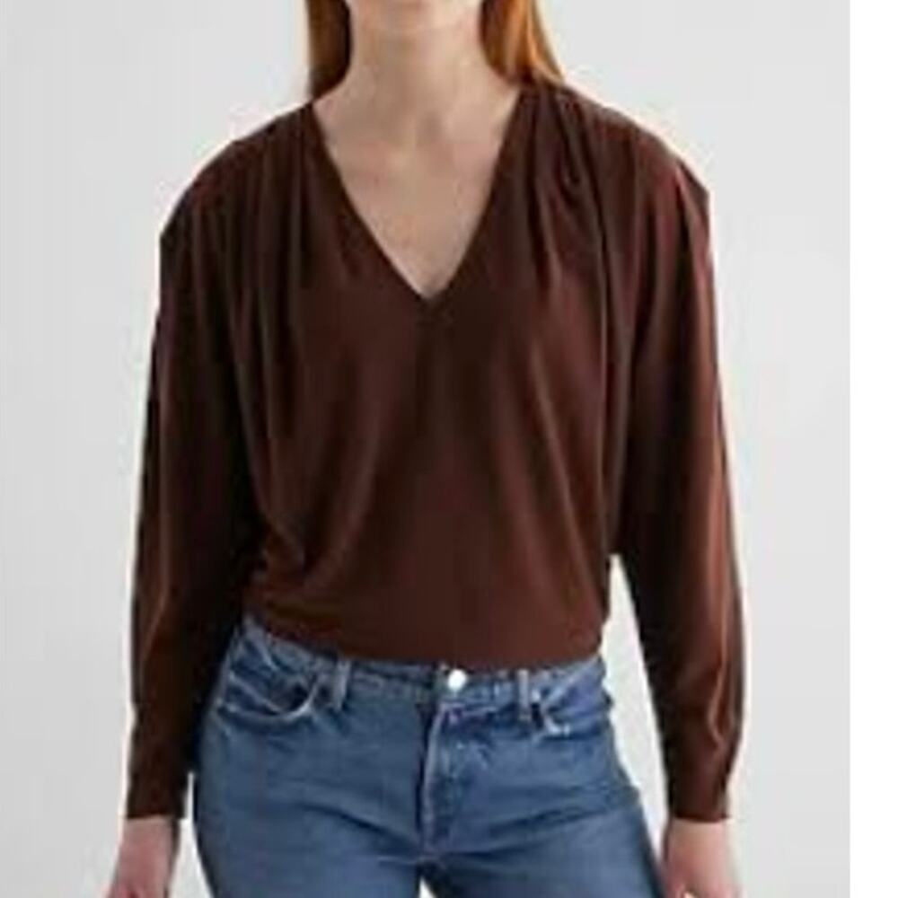 Express Pleated Blouse Jersey Knit Brown V-Neck Long Sleeve Top NWT Womens XL